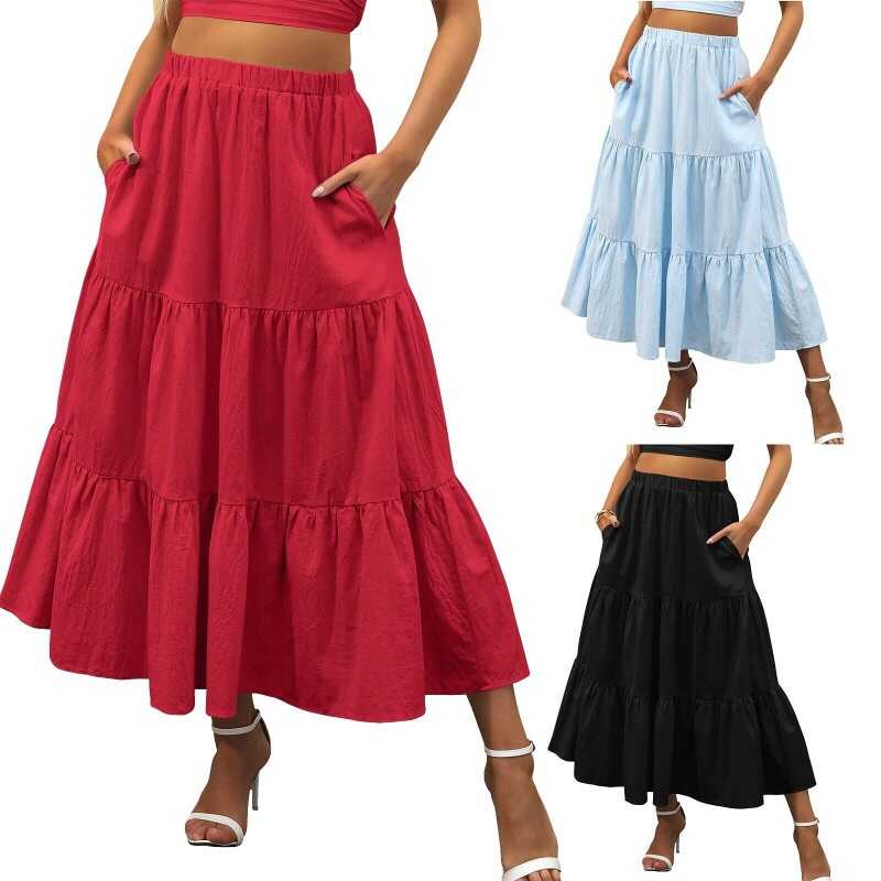 Women Boho Elastic Waist Pleated A-Line Flowy Swing Tiered Long Skirt Dress