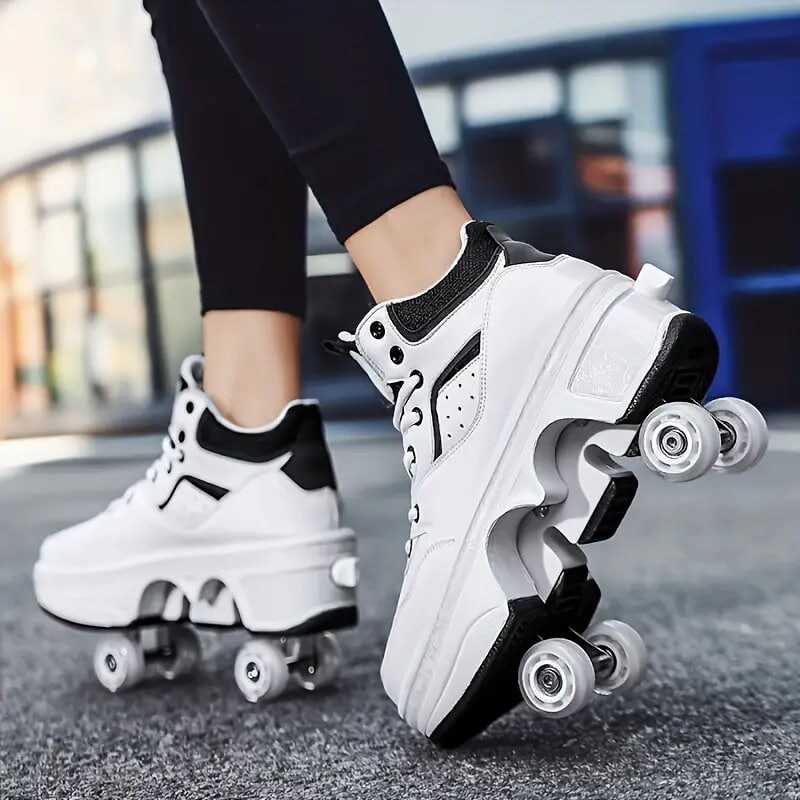 Boy's Trendy High Top Roller Shoes With 4 Detachable Wheels, Comfy Lace Up Casual Skate Sneakers
