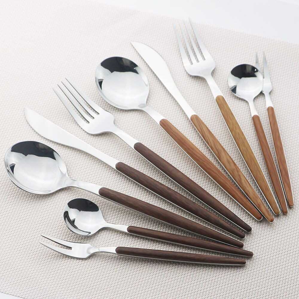 Wooden Handle Cutlery Stainless Steel Knife Fork Spoon Dinnerware Tableware Tool
