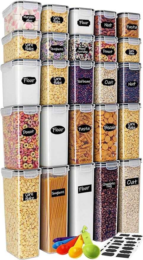 Airtight Food Storage Containers 25-Piece Set, Kitchen & Pantry Organization, BPA Free Plastic Storage Containers with Lids, for Cereal, Flour, Sugar, Baking Supplies, Labels & Measuring Cups