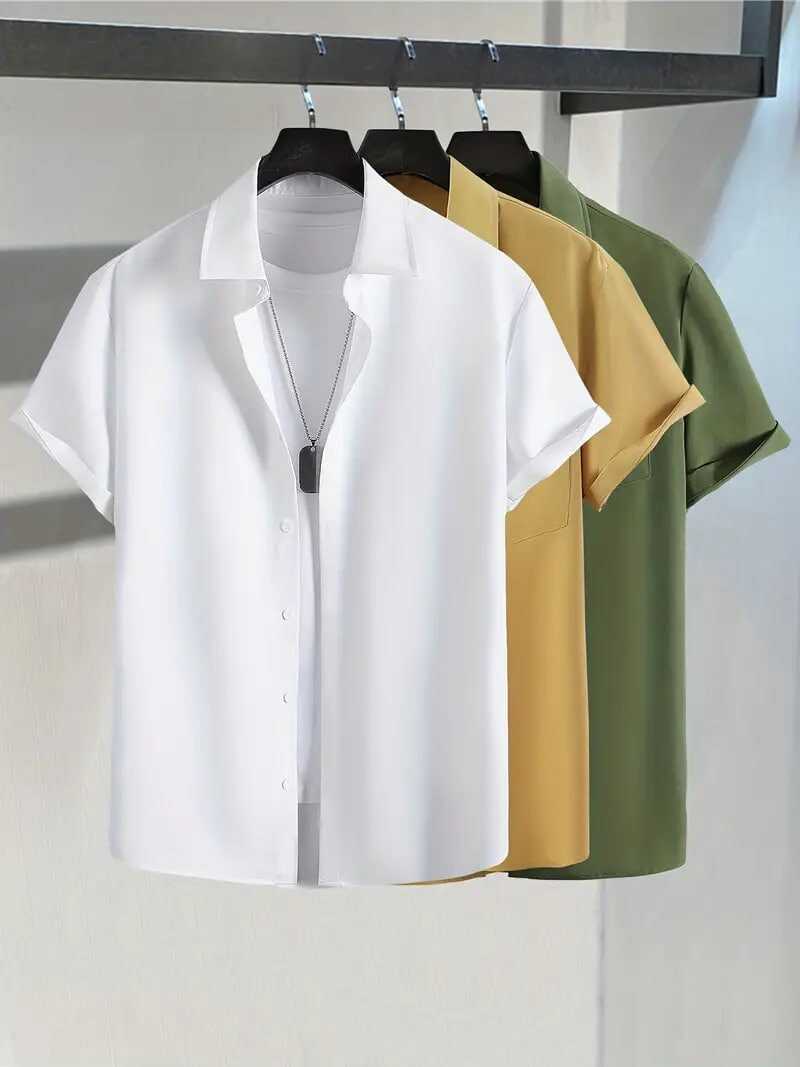 3pcs Plus Size Lapel Mens Solid Color Button Down Shirts, Top Blouse Shirts, Short Sleeve, Button Down Dress Shirts
