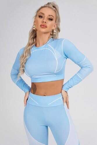 Blue 2 Piece Long Sleeve Fitted Graphic Yoga Gym Work Out Set For Women