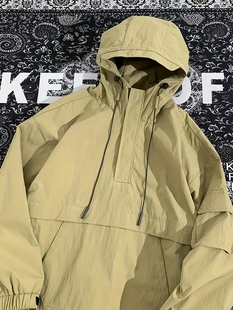 Men's Stylish 100% Nylon Solid Windbreaker With Pockets, Active Breathable Lapel Zip Up Long Sleeve Hooded Jacket For Hiking Jogging Cycling Outdoor Fitness Workout