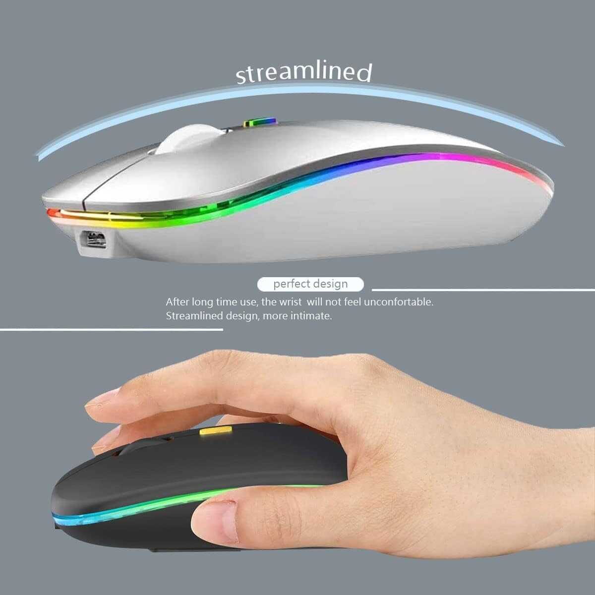 Wireless Bluetooth Mouse,LED Rechargeable Silent Slim Laptop Mouse,Portable(BT5.2+USB Receiver) Dual Mode Computer Mouse,for Apple Laptop,Desktop Computer,ipad Tablet,Phone,Mac.(Silver)