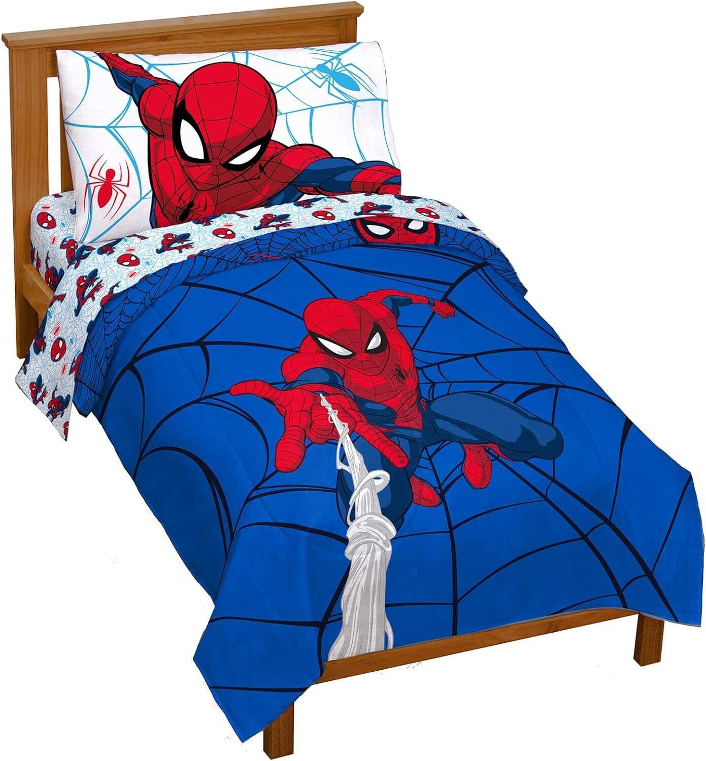 Jay Franco Marvel Spidey and His Amazing Friends Team Spidey 4 Piece Toddler Size Bed Set – Super Soft Microfiber - Includes Comforter & Sheet Set Bedding (Official Marvel Product)