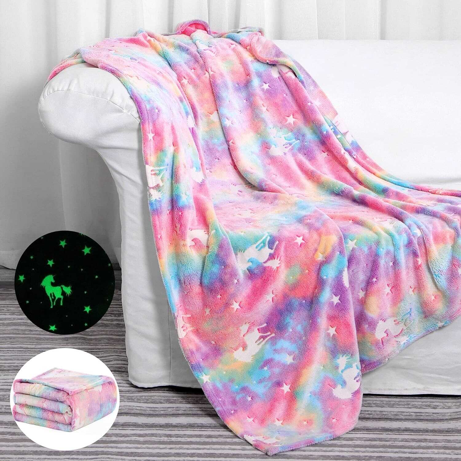 Glow in The Dark Blanket Unicorns Gifts for Girls,Toys for 2 3 4 5 6 7 8 9 10 Year Old Girl Gifts,Soft Kids Blankets for Christmas Halloween Birthday Valentines Gifts,50"x60"