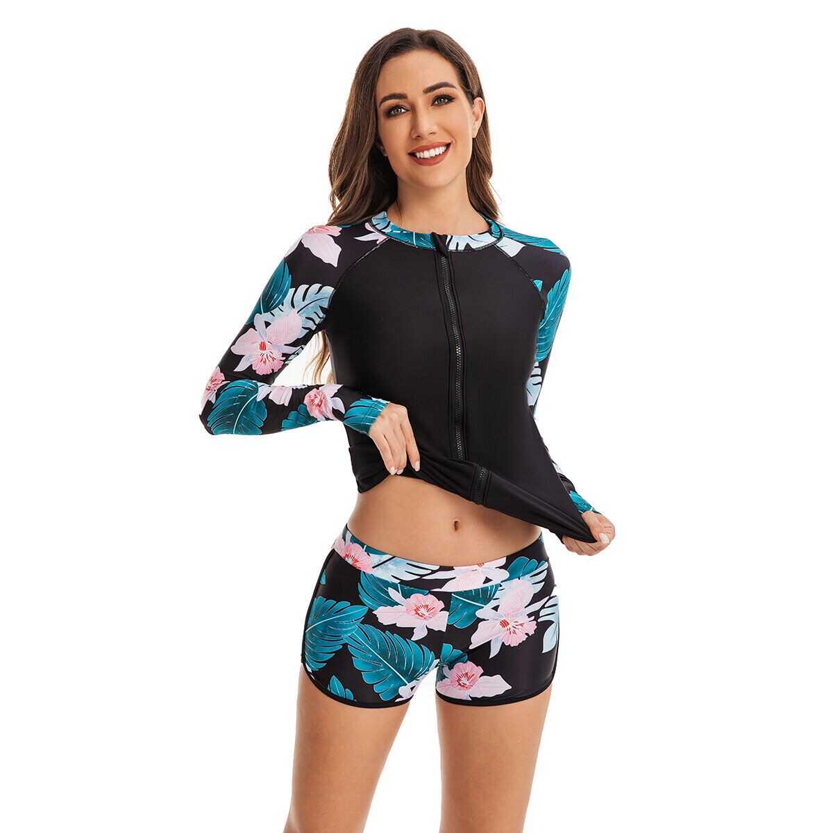 Women Surf Swim Swimsuit Bathing Suit Long Sleeve Two Piece Rash Guard Swimwear