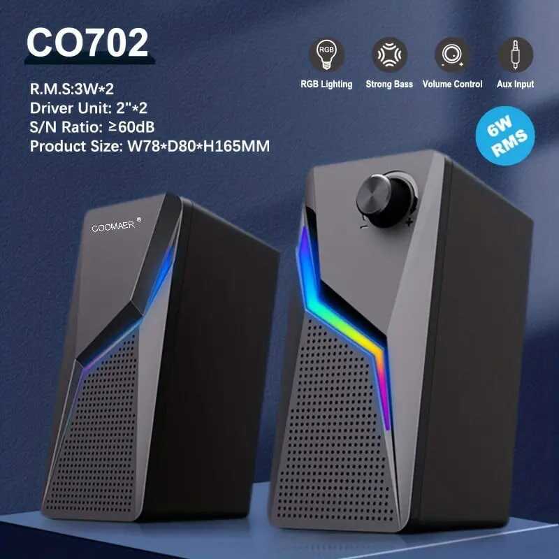 RGB Desktop Speakers, 2.0CH Stereo PC Computer Gaming Speakers, 6W Multimedia Monitor Speakers, Volume Control, USB Powered / 3.5mm Cable