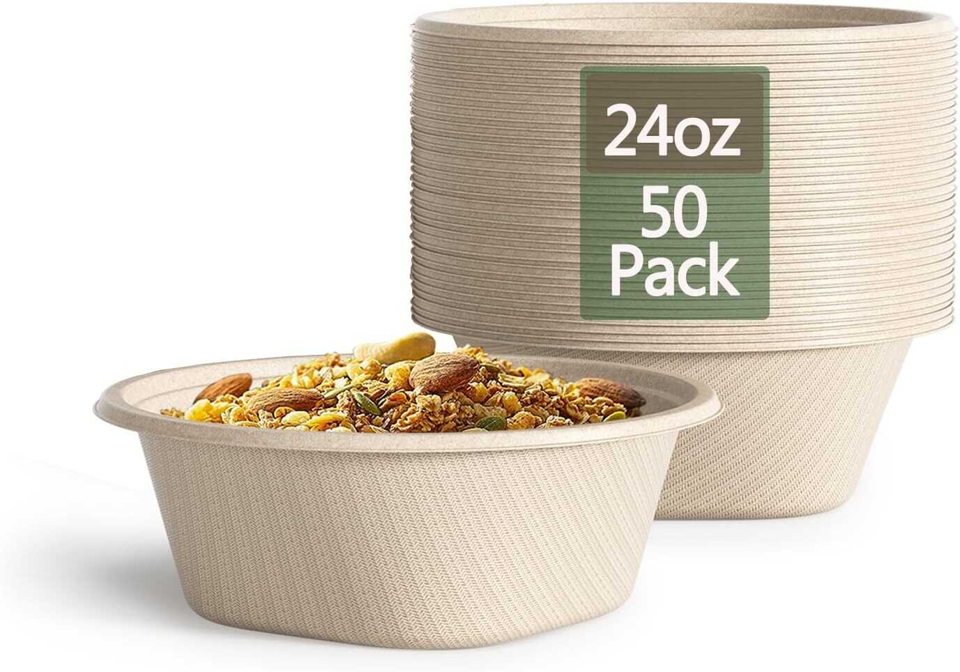 Homestockplus [50 Pack] 24 Oz Disposable Paper Bowls - Heavy Duty Disposable Bowls - Made from Natural Bagasse for Cereal, Rice, French Fries - Convenient and Compostable
