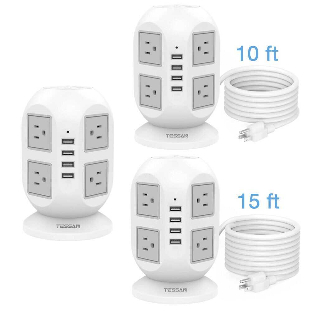 Power Strip Tower Surge Protector with 8 Outlet 4 USB 6/10/15 FT Extension Cord