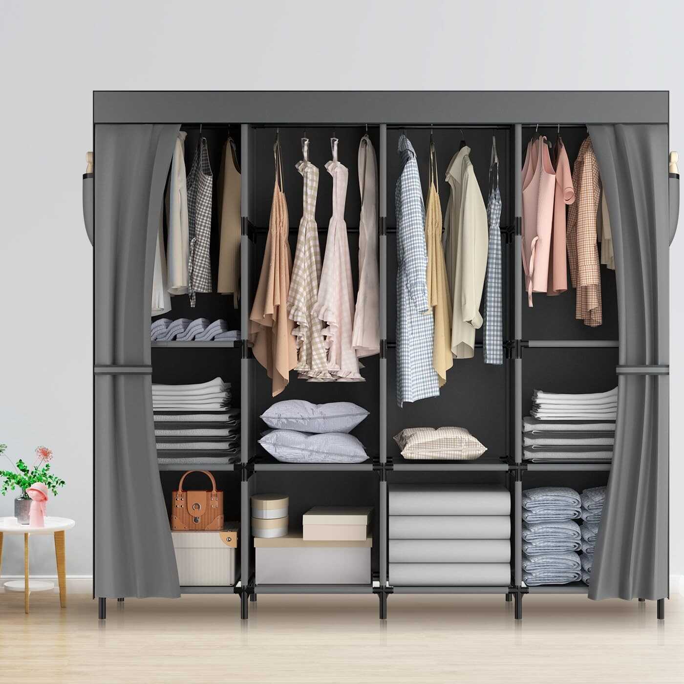 LOEFME Portable Closet Wardrobes for Hanging Clothes with 4 Hanging Rods and 6 Storage Organizer Shelves,Sturdy Storage Wardrobe for Bedroom Free Standing Cloth Rack with Cover, Gray