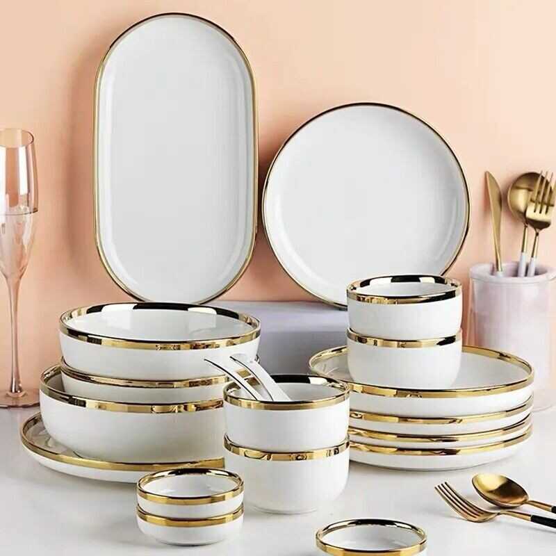 Ceramic Tableware Dinner Set Round White Color With Gold Rim Plates For 1 Person